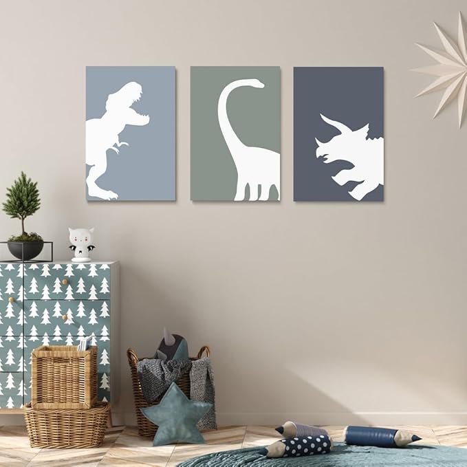 GUBIYU Dinosaur Wall Decor T-Rex Art - Framed Canvas Wall Art Set of 3, Boys Room Aesthetic Posters, Animal Nursery Print for Kids Toddler Decor 16"x24"