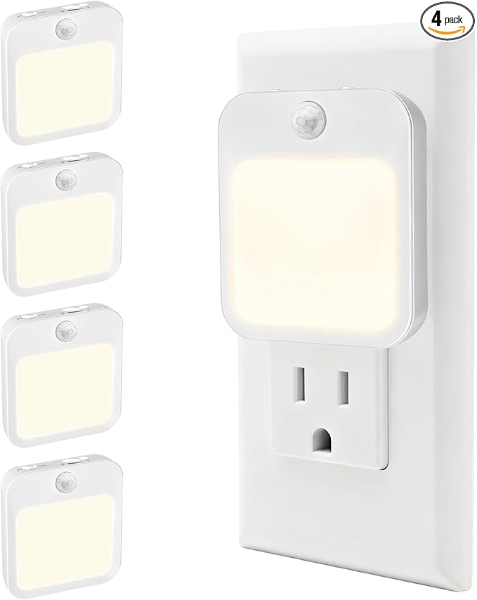 Plug-in Night Light with Motion Sensor, Dusk-to-Dawn Light Sensor, Stepless Dimming LED Night Lights for Bedroom, Hallway, Bathroom, Kids Room, Energy Efficient, 4-Pack