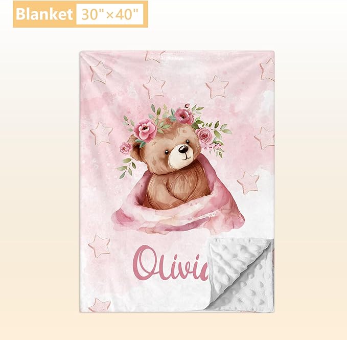 Personalized Baby Crib Bedding Set, 3 Pcs Custom Nursery Bedding Set with Name, Soft Double Layer Baby Crib Set for Girls Boys, Customized for Toddlers Infants, Pink Bear
