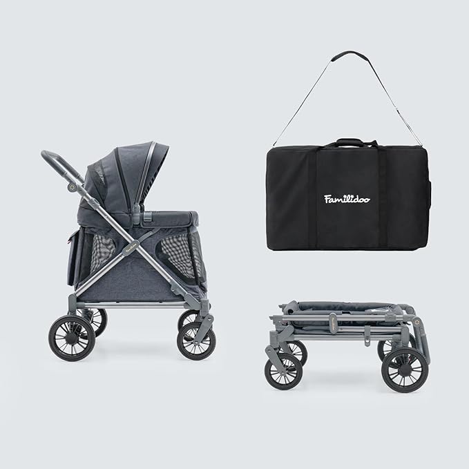 Familidoo Q1 Multi-Use Kids Wagon Stroller with Travel Bag – Foldable, Lightweight, All-Terrain for Kids & Pets – 5-Point Harness, Rain Cover, Compact Travel Design, Up to 132 lbs (Charcoal Gray)