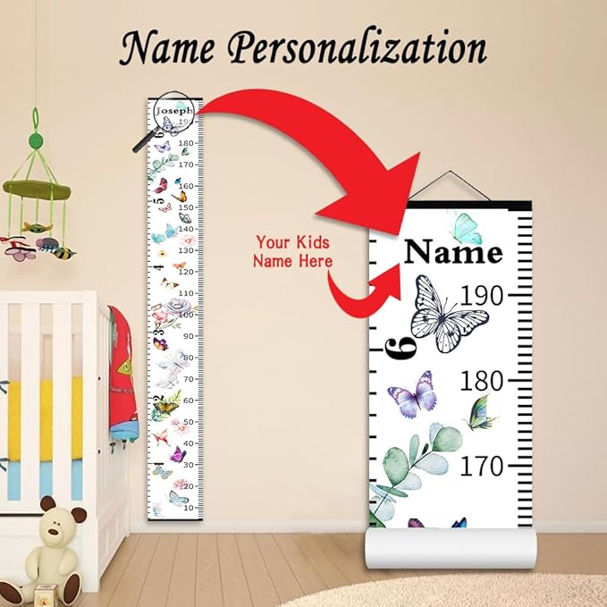 Personalized Growth Chart for Kids, Baby Height Chart with Custom Name, 77"x7.9" Canvas & Black Wood Height Measuring Rulers for Boys Girls Removable Wall Ruler Hanging for Nursery Decor - Butterfly