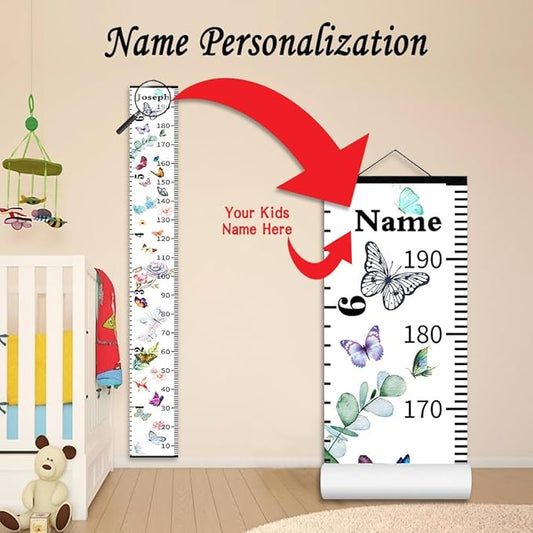 Personalized Growth Chart for Kids, Baby Height Chart with Custom Name, 77"x7.9" Canvas & Black Wood Height Measuring Rulers for Boys Girls Removable Wall Ruler Hanging for Nursery Decor - Butterfly