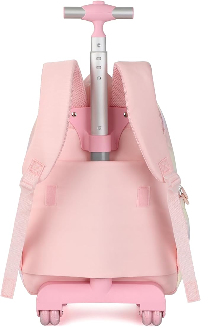 kingdisen Pink Rolling school backpack for girls with Lunch Box 3pc Set(QUILTED PINK)