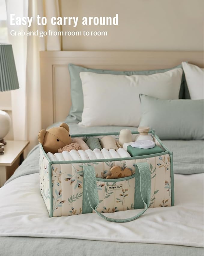 Blissful Diary Leaf Diaper Caddy Organizer, Stylish Nursery Storage Basket, Gift for Baby Shower, Newborn Essentials, Sage Leaf
