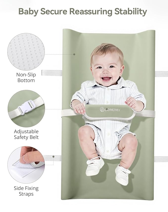 COMOMY Baby Changing Pad with Wipeable & Waterproof PU Cover, Contoured Diaper Changing Pad for Dresser with Non-Slip Safety Belt, Portable and Lightweight, Large Cushioned Foam, Green