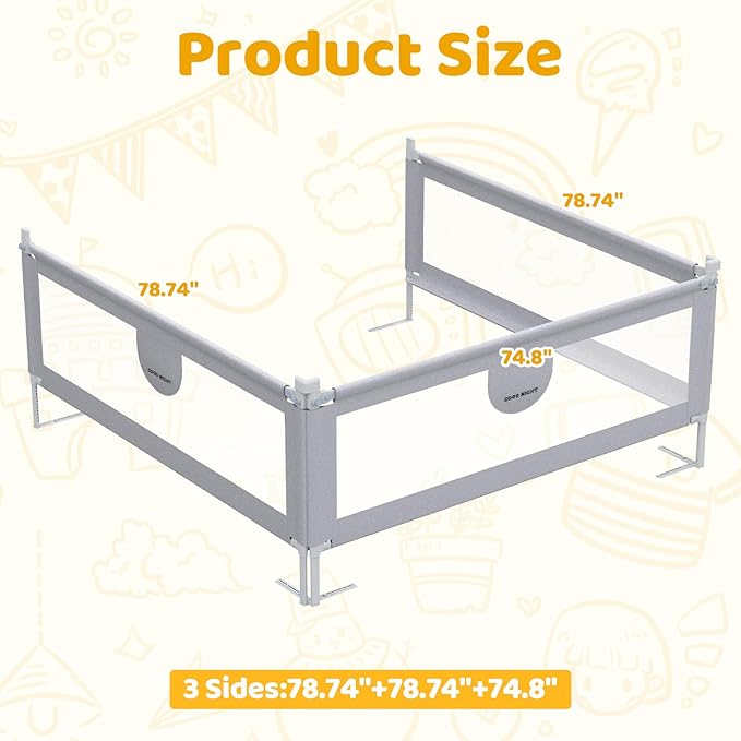 omzer Bed Rail for Toddlers - 3 Sides Safety Baby Bed Rail Guard with Child Lock, Infants Height Adjustment King Size Bed Guard Rail for Toddlers,78.74"X78.74"X74.8"