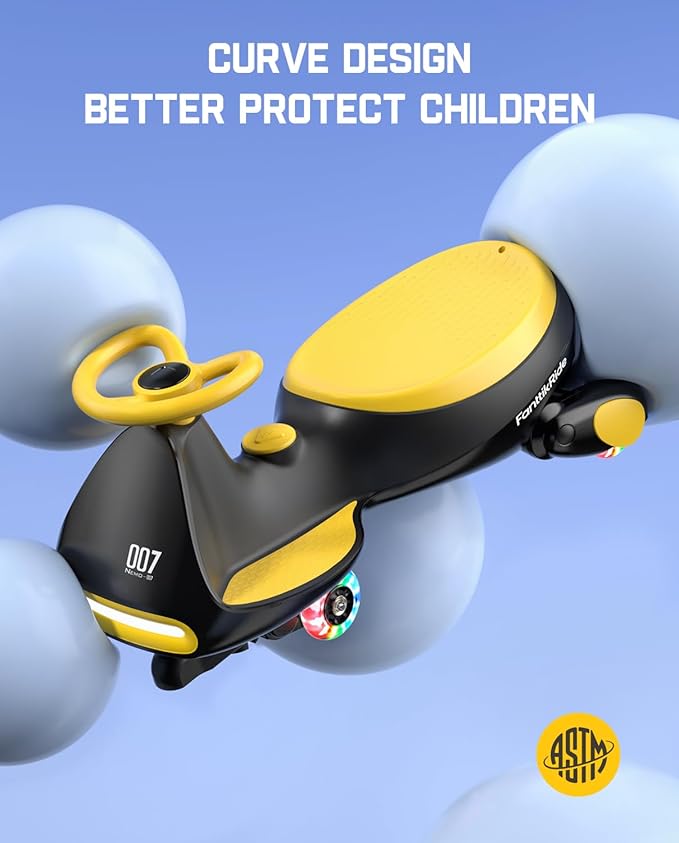 FanttikRide N7 Pro Electric Wiggle Car with Pedal, Rechargeable Battery, CyberWiggle, 2 in 1 Swing Car, 2 Speeds Max 4 Mph, Anti-Rollover, Flashing Wheels, Bluetooth, for Ages 3 and Up, 150 Lbs,Yellow