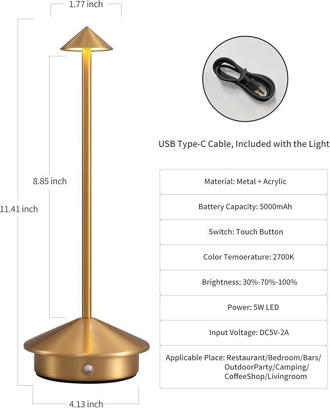 NEWSEE Modern Cordless Table Lamp Set of 2, Portable LED Desk Lamps, 5000mAh Rechargeable Battery Operated Lighting for Bedroom Dining Room Restaurant Coffee Shop Camping Night Light (Gold)