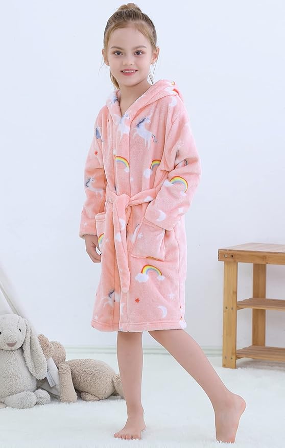 Umeyda Boys Girls Robes, Soft Fuzzy Fleece Hooded Bathrobes with Belt and Pockets for Kids, 1-18 Year
