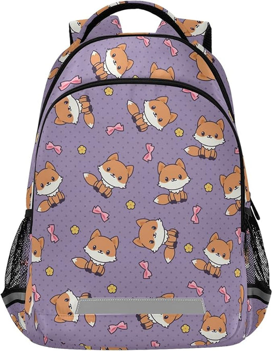MNSRUU School Backpack with Chest Strap, Cute Cartoon Fox Laptop Backpack, Travel Hiking Backpack for Boys Girls, Rucksack, Knapsack
