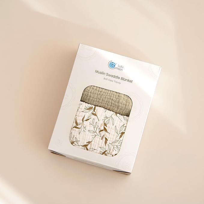 lulumoon Muslin Swaddle Blankets for Baby: Cotton & Soft Receiving Blanket for Newborn with Branche Printed- Neutral Gift for Baby Shower 2pack(Olive Branche)