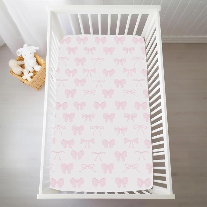 Pastel Pink Bows Baby Crib Sheets for Boys Girls Preppy Girly Ribbons Soft Snug Fitted Crib Mattress Covers for 52''x28'' Standard Crib & Toddler Mattress Cute Valentine Bows Nursery Bed Sheets