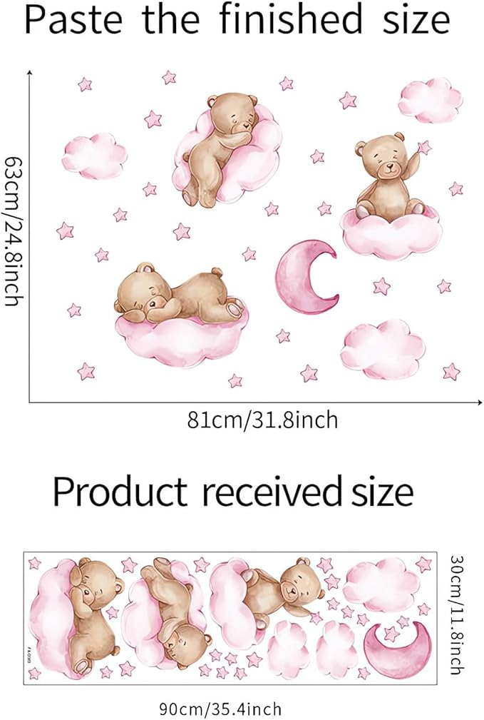 Cute Pink Sleeping Baby Bear Wall Stickers, sacinora Moon and Stars DIY Art Wall Decals Removable Vinyl Peel and Stick for Girls Kids Baby Nursery Bedroom Toddler Room Kindergarten Decorations