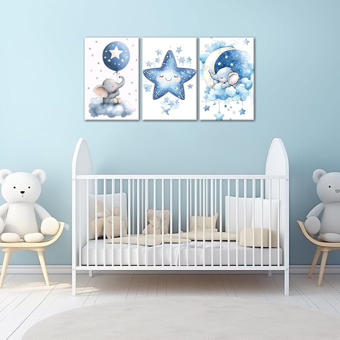 Nursery Canvas Wall Art Elephant Pictures Wall Decor Moon and Stars Painting Baby Boy Prints Cute Animal Poster Artwork for Kids Room Bathroom Decor Framed(Baby-1,20L x 28W x 3Pcs)
