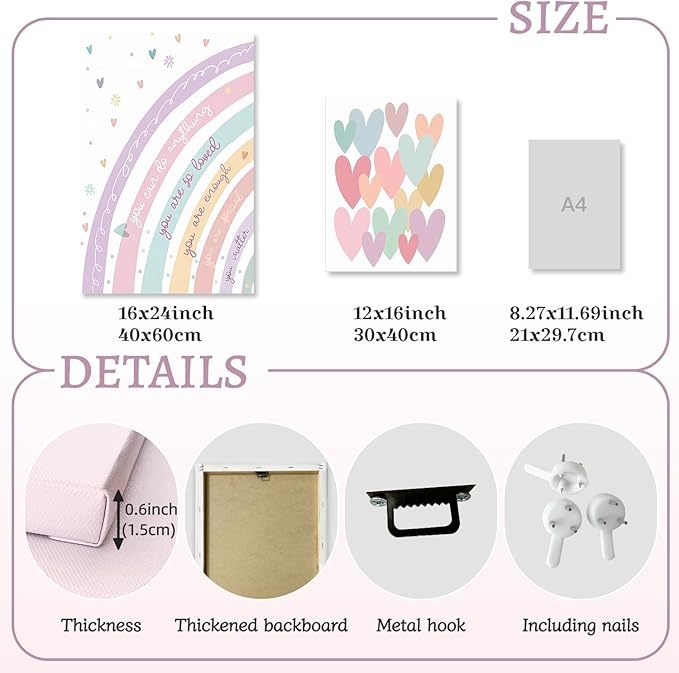 LLEEMPI Framed Pink Heart Sun Rainbow Wall Art Set of 3, Baby Room Wall Decor, Boho Rainbow Nursery Canvas Painting, Classic Minimalist Poster Prints for Bedroom Bathroom Classroom 16x24 Inch