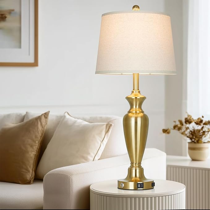 luxeflow Gold Table Lamp for Living Room Single, 30″ Tall Touch Control Bedside Lamp for Nightstand, 3-Way Dimmable Bedroom Lamp with USB A+C Ports and AC Outlet (1 Pack)
