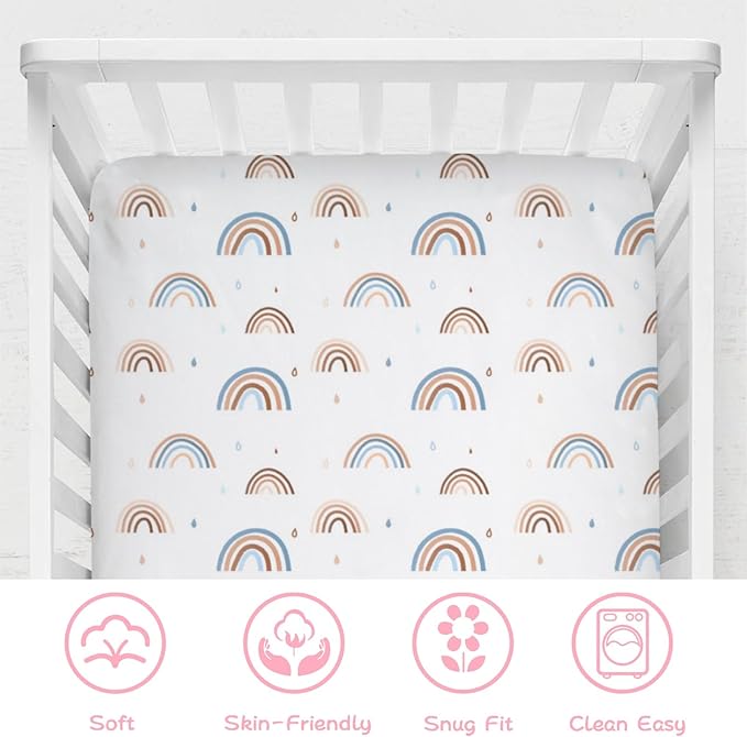 Rainbow Baby Crib Sheet 52''x28'' Cute Rainbow Drops Colorful Stretchy Fitted Crib Mattress Sheet for Boy Girl Bed Sheet for Standard Crib Toddler Mattresses
