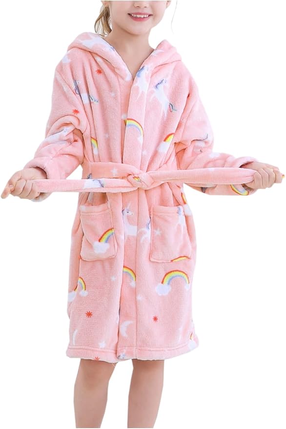 Girls Fleece Hooded Robes, Kids Soft Premium Fuzzy Bathrobe for Gifts, 2-12 Years