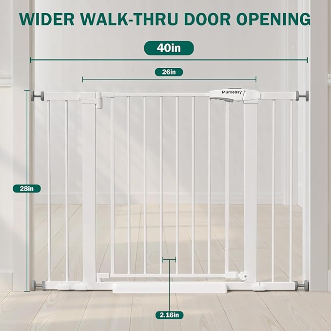 Baby Gate for Stairs, 26-40" Auto Close Dog Gate for Doorways, Pressure Mounted Child Gate with Walk Thru Door, Easy Install Safety Gate for Children and Pets, White