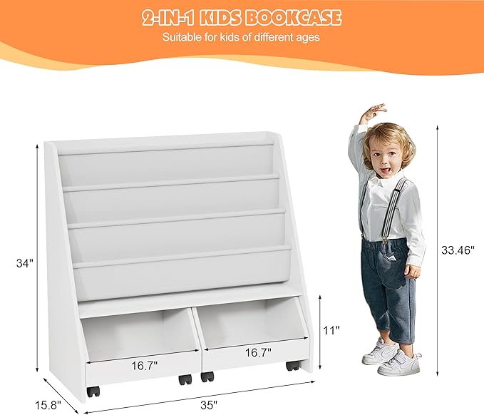 HedoAjim Kids Bookshelf with Two Movable Drawers Toddler Bookcase with Toy Storage Organizer Child Sling Book Rack Baby Cabinet Chest with Wheels for Nursery,Playroom,Bedroom,Living Room,Classroom