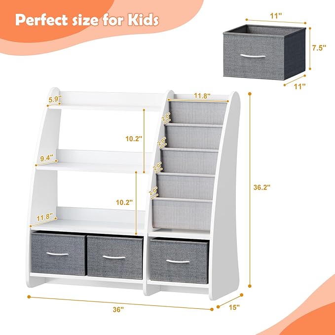 HedoAjim White Kids Bookshelf Wood Toy Storage Organizer Cabinet Children Bookcase Toddler Baby Sling Book Rack 3 Cube Bins Sail Boat Arc Shape for Playroom Bedroom Nursery Classroom