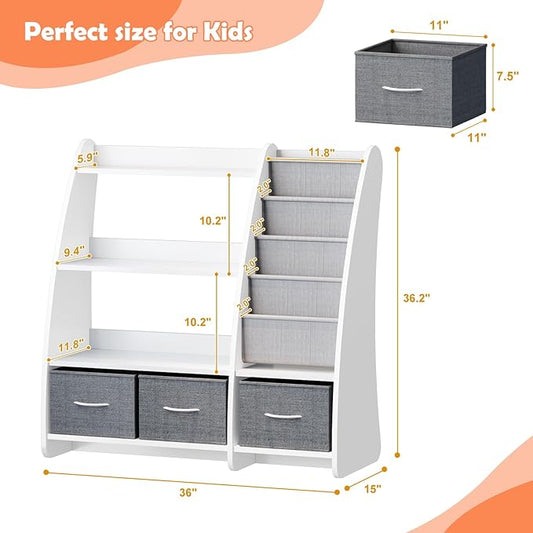 HedoAjim White Kids Bookshelf Wood Toy Storage Organizer Cabinet Children Bookcase Toddler Baby Sling Book Rack 3 Cube Bins Sail Boat Arc Shape for Playroom Bedroom Nursery Classroom