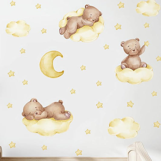 Cute Yellow Sleeping Baby Bear Wall Stickers, sacinora Moon and Stars DIY Art Wall Decals Removable Vinyl Peel and Stick for Kids Baby Nursery Bedroom Toddler Room Kindergarten Decorations