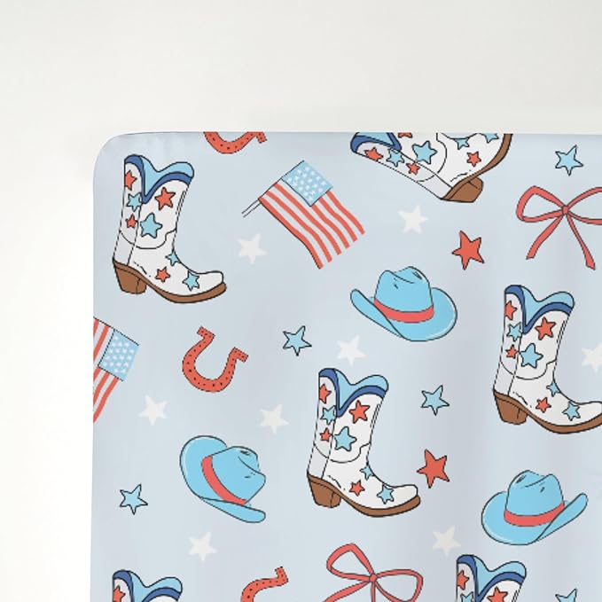 July 4th Western Cowboys Baby Crib Sheets for Boy 52"x28" Cowboy Boots Hat American Flag Stars Bows Soft Snug Fitted Crib Mattress Cover Patriotic Baby Sheet for Standard Crib & Toddler Bed Mattress