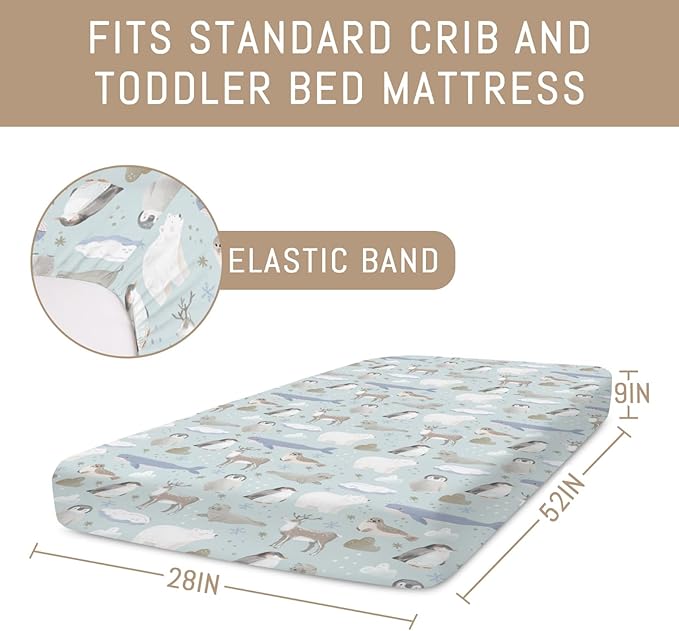 Cute Frosty Arctic Animals Baby Crib Sheets for Boy Girl Bear Penguins Deer Whale Snowflakes Soft Snug Fitted Crib Mattress Covers for 52x28 Standard Crib & Toddler Mattress Snowy Winter Baby Sheets