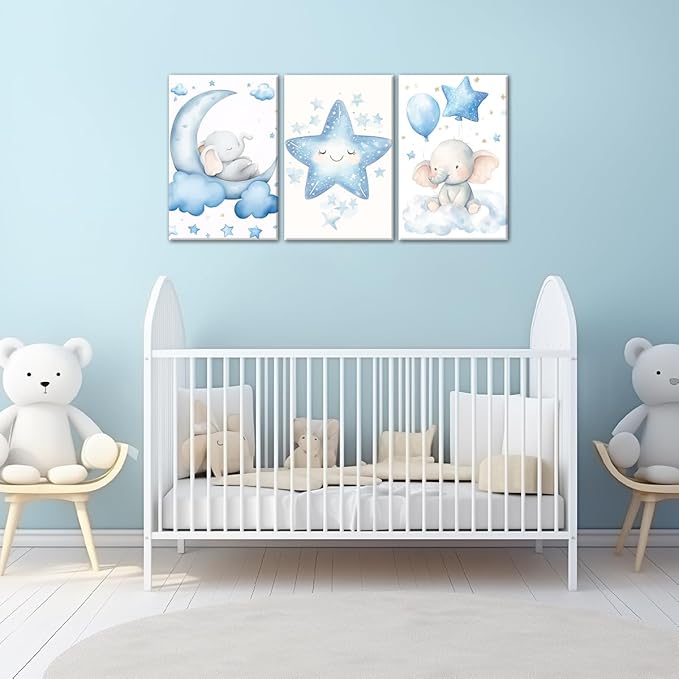 Nursery Wall Art Baby Boy Wall Decor Blue Elephant Moon and Stars Painting Prints Cute Animal Canvas Poster for Kids Room Decor Framed(Baby-2,16L x 24W x 3Pcs)