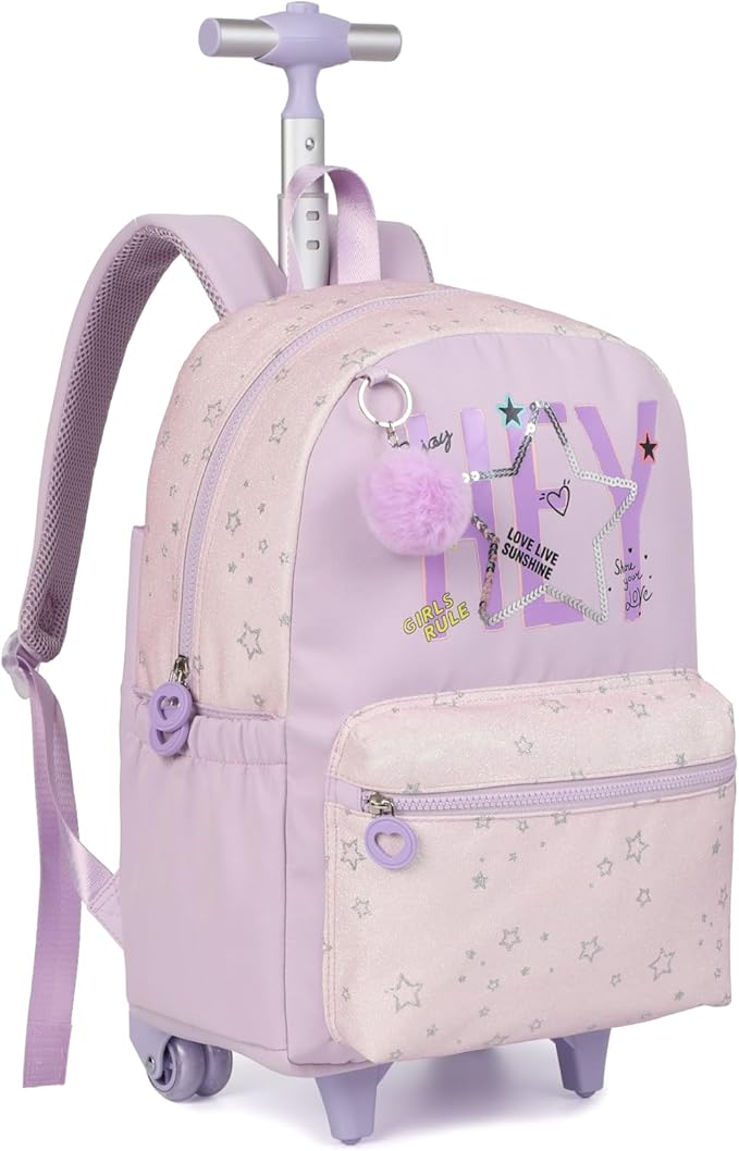 kingdisen Kids Backpack for Girls Luggage School Trolley Bag with Lunch Box 3pc Set (HEY PURPLE)