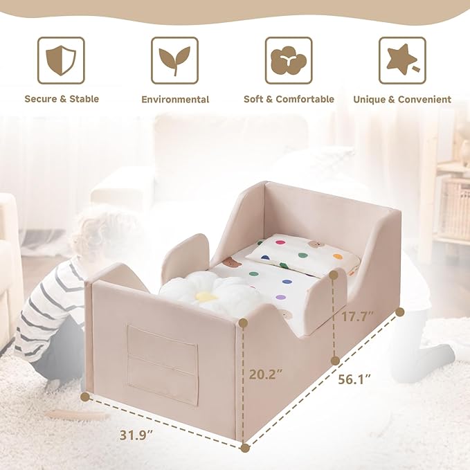 Toddler Floor Bed with Removable Safety Rails and Storage Bag, Kids Bed for Girl and Boys, Standard Crib Size, Safety Upholstered Child Beds, Low to Floor Design