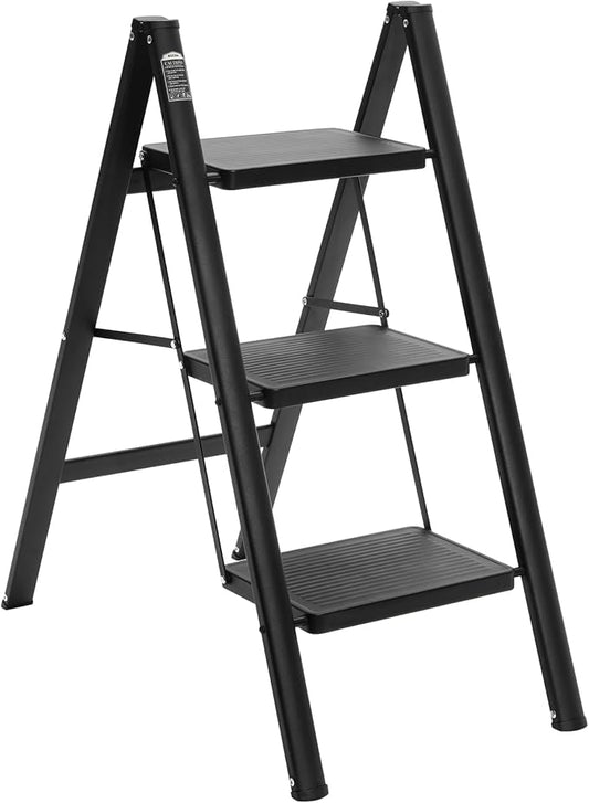 BOCOM 3 Step Ladder, Lightweight Portable Foldable Collapsible Folding Sturdy Iron Metal Step Stool with Anti-Slip Wide Pedal, Heavy Duty 330 lbs Capacity, for Home, Kitchen, Closet, Adults, Black