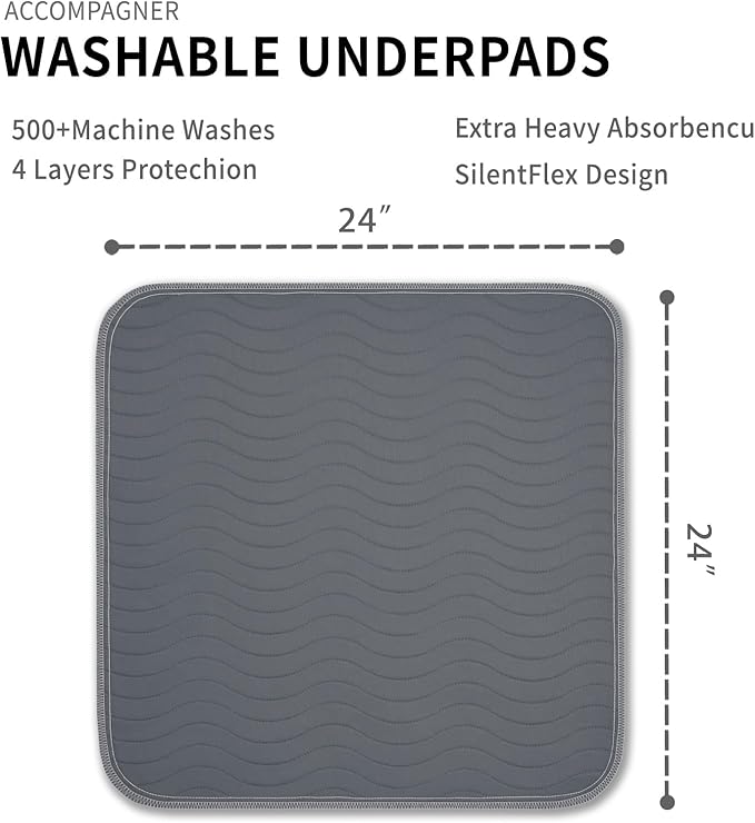 Accompagner Waterproof Reusable for Adults and Pets Washable Pee Pads for Dogs Changing Pad Large Dog Bed Size Adults Incontinence Bed Pads - Non-Slip Leak-Proof (Dark Gray, 6Pack-24" x24")