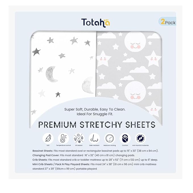 TotAha Premium Soft Pack n Play Sheets, Super Stretchy Jersey Knit Mini Crib Sheets Fitted, Silky Comfort Graco Pack and Play Mattress Sheets 2-Pack, Moon & Grey Sky
