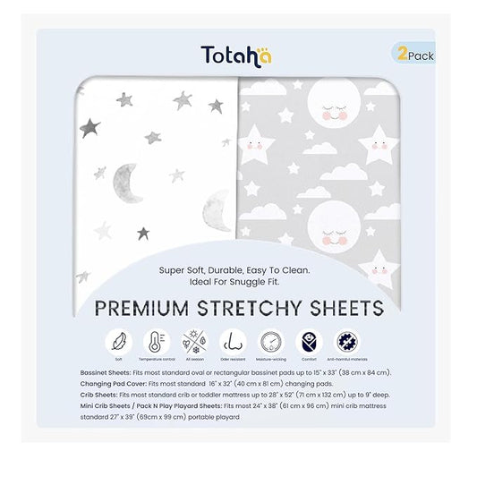 TotAha Premium Soft Pack n Play Sheets, Super Stretchy Jersey Knit Mini Crib Sheets Fitted, Silky Comfort Graco Pack and Play Mattress Sheets 2-Pack, Moon & Grey Sky