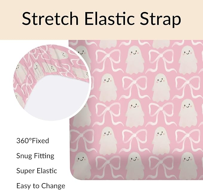 Halloween Spooky Pink Bows Baby Crib Sheets Cute Pastel Bows Soft Crib Sheet Spooky Season Fitted Crib Mattress Cover for Standard Crib and Toddler Mattresses 52"x28"
