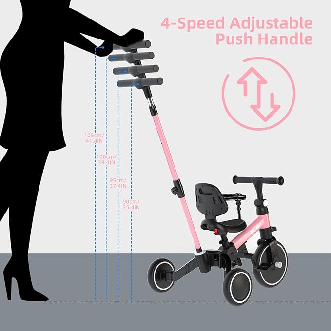 Glaf Tricycle for Toddlers 1-3 Toddler Bike with Push Handle 2-4 Years Baby Bike Toy for 1 Year Old Boys and Girls Balance Bike with Removable Pedal, Backrest, Adjustable Seat, Gifts (Pink