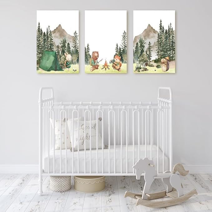 Camping Nursery Wall Art, Woodland Hiking Nursery Wall Decor, Bear Fox Print, Mountain Forest Wall Art, Outdoor Adventure Nature Picture for Baby Boy Girl Room Decor, Framed Set of 3, 16"x24"x3
