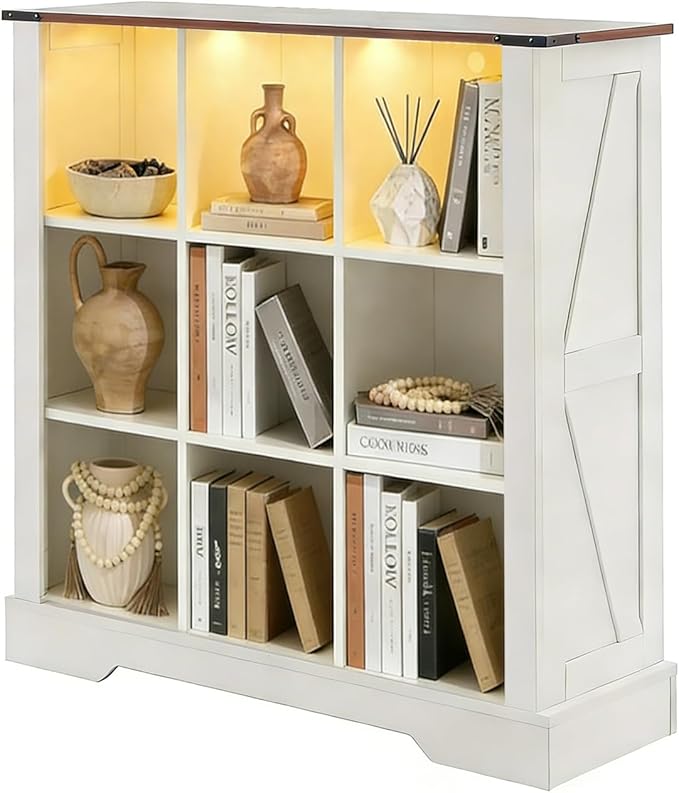 Puntogen 9 Cube Storage Organizer, Wood Cube Bookshelf with LED Lights, Horizontal Storage Cubes, Kids Bookshelf, Display Cabinet Cubby Shelf for Living Room Home Office Bedroom，White
