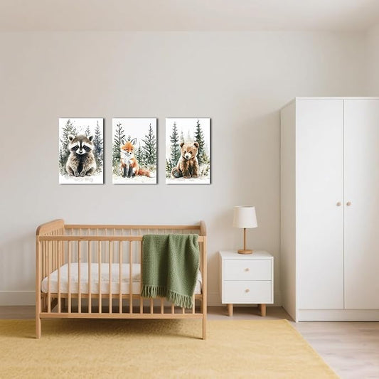 LZIMU Nursery Animal Canvas Wall Art 3 Pieces Cute Animal Baby Picture Prints Woodland Nursery Painting for Kids Boy Girls Room Decor Framed (Grey, 12x16inchx3 Pieces)