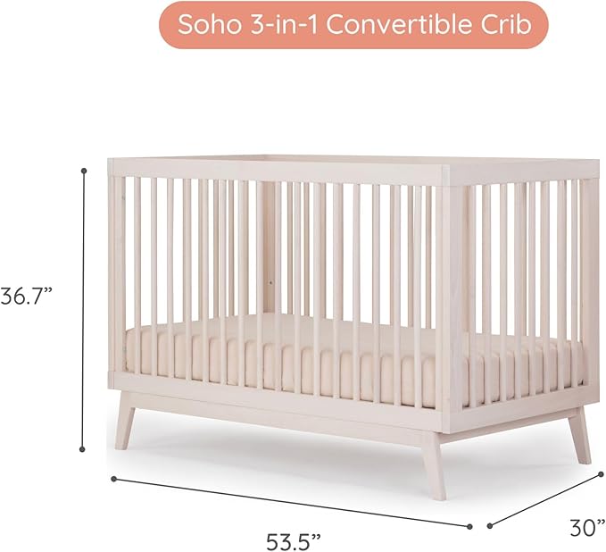 dadada Baby Soho 3-in-1 Convertible Wooden Crib to Toddler Bed - Made in Italy, GREENGUARD Gold Certified, Baby-Safe Finish, Handcrafted Beechwood, Modern Design, 3 Adjustable Heights (Natural Wash)