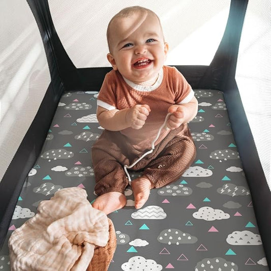 Pack n Play Sheets, BROLEX 2 Pack Mini Crib Sheets,Stretchy Portable Fitted Playard Sheet Set, Convertible Playard Mattress Cover,Ultra Soft Breathable Material,Whale Cloud