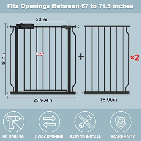 Extra Wide Baby Gate 67-71.5 Inch Wide Walk Through Pressure Mounted Auto Close Large Long Tension Gate for Dog and Cats Black