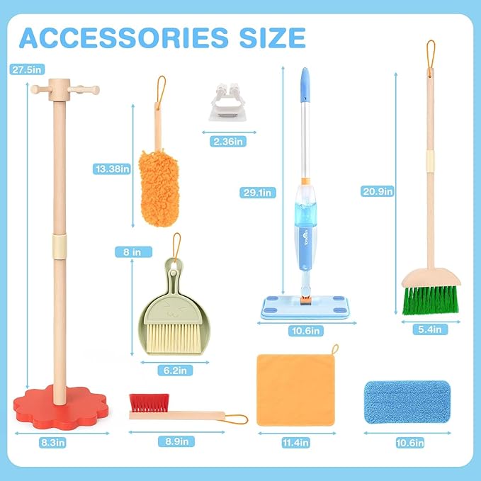 Dreamon Wooden Toddler Cleaning Set - 10Pcs Kids Cleaning Toy Set with Real Working Kids Spray Mop, Montessori Cleaning Toys with Broom and Mop Set for Toddlers Girls Boys Age 3-6