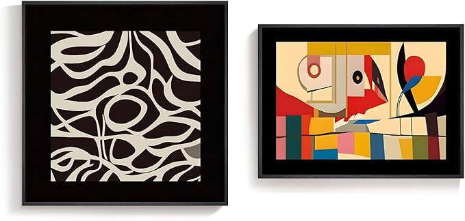 Framed Black Colorful Abstract Bedroom Wall Art, Set of 2 Mid Century Modern Geometric Line Artwork for Walls, Contemporary Canvas Prints for Living Room Hallway Office Wall Decor, 24x24 & 24x18 Inch