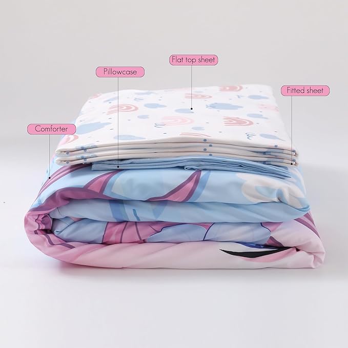 4 Piece Toddler Bedding Set for Girls,Soft Crib Bed Sheets Set in a Bag Including Comforter, Flat Sheet, Fitted Sheet and Pillowcase(Unicorn)