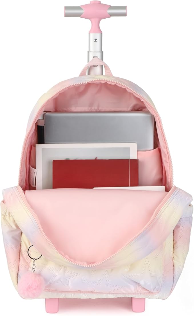 kingdisen Pink Rolling school backpack for girls with Lunch Box 3pc Set(QUILTED PINK)