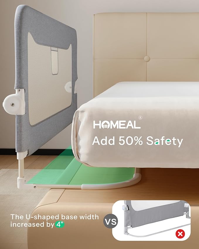 HOMEAL Bed Rail for Toddlers，47" x 26" Grey, Long Tall Foldable Baby Bed Rail Guard for Easy Use and Storage, U-Shaped Base Width Increased by 4", Suitable for Twin, Full, Queen, King Size Bed