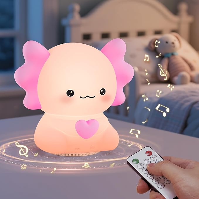 ICARER FAMILY Axolotl Night Light with Sound Machine, Pink Silicone Touch Lamp, Wireless Speaker, Remote Control, Soft Touch, Baby Room Lamp